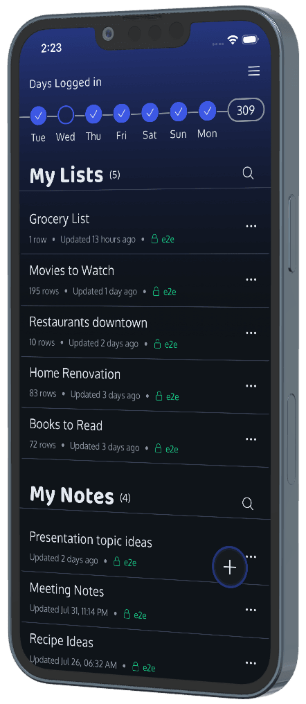 Unclear on iPhone — lists and notes, each end-to-end encrypted
